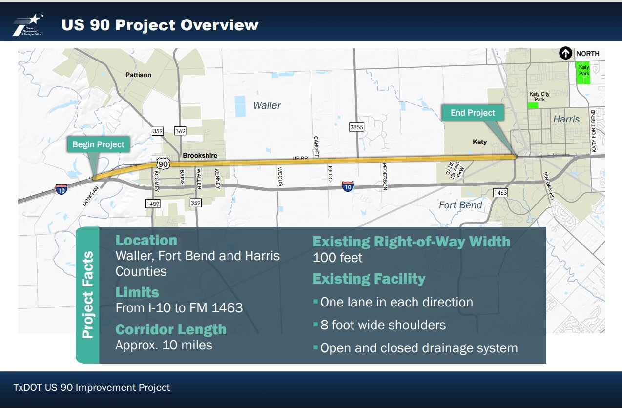 A Texas Department of Transportation map shows the proposed US 90 improvement project between Katy and Brookshire.
